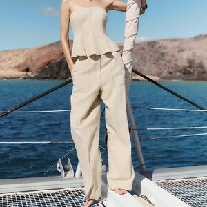 Zara set linen top with contrast stitching and linen pants with topstitching